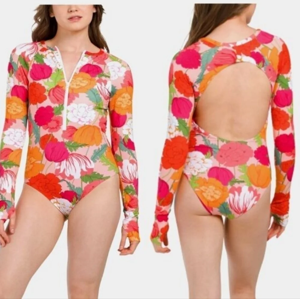 Trina Turk Women's Floral Print Long Sleeves Paddle Suit Swimsuit Size Medium